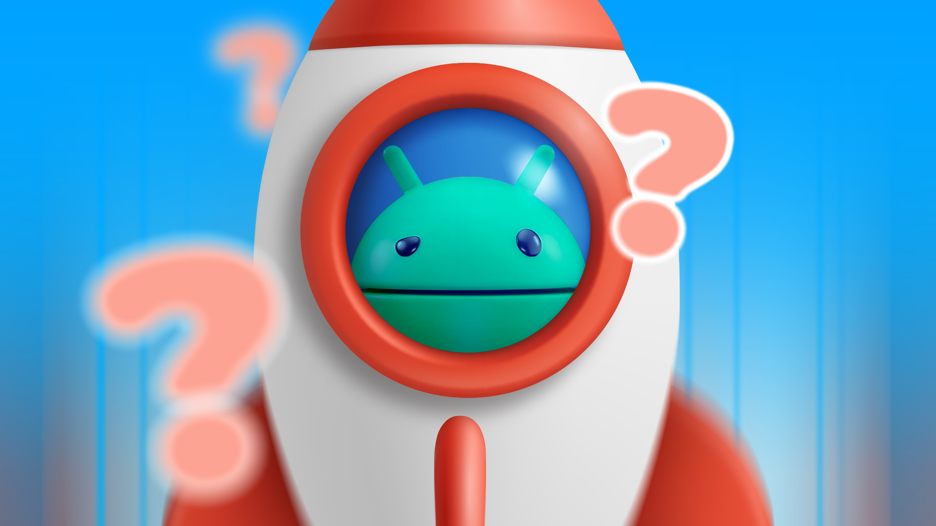 Mascote do Android dentro de uma janela de foguete, com pontos de interrogação flutuando ao redor.