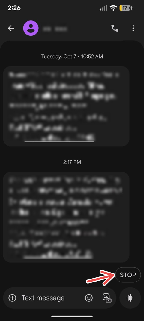 Unsubscribing to business messages using the STOP button on Google Messages.