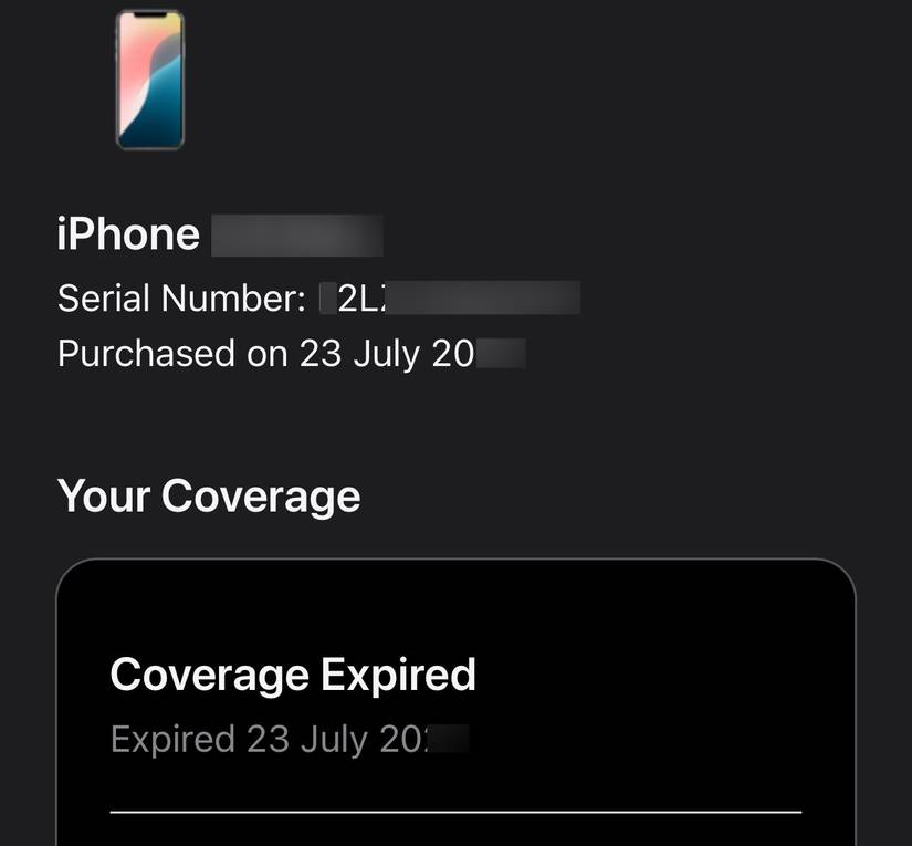 Apple website showing the iPhone coverage has expired.