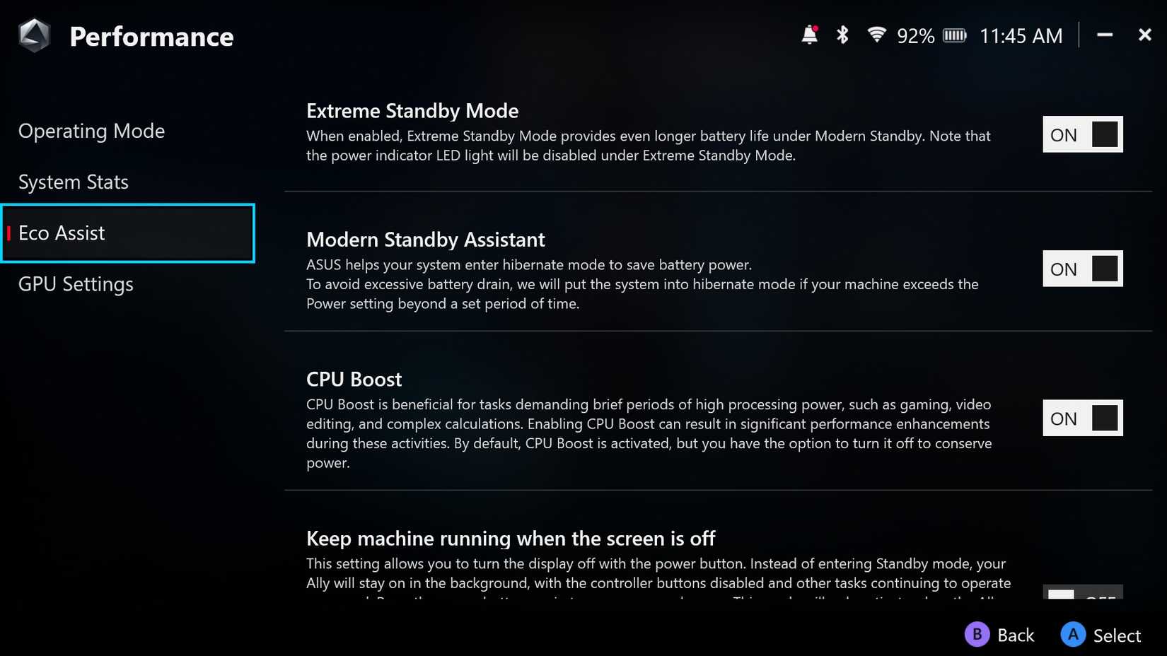 Uma captura de tela do software ASUS Armory Crate representando opções relacionadas ao sono. 