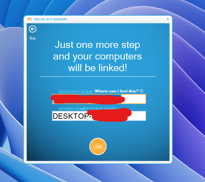 Attempting to link two devices using the security key.