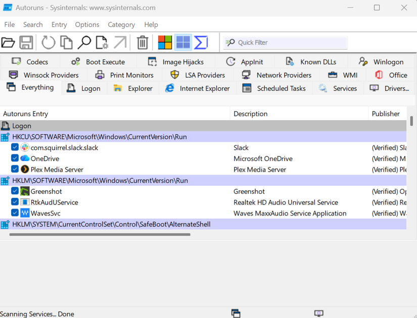 Uma captura de tela do utilitário autoruns que faz parte do Sysinternals Suite, projetado para ajudar a diagnosticar problemas do Windows.