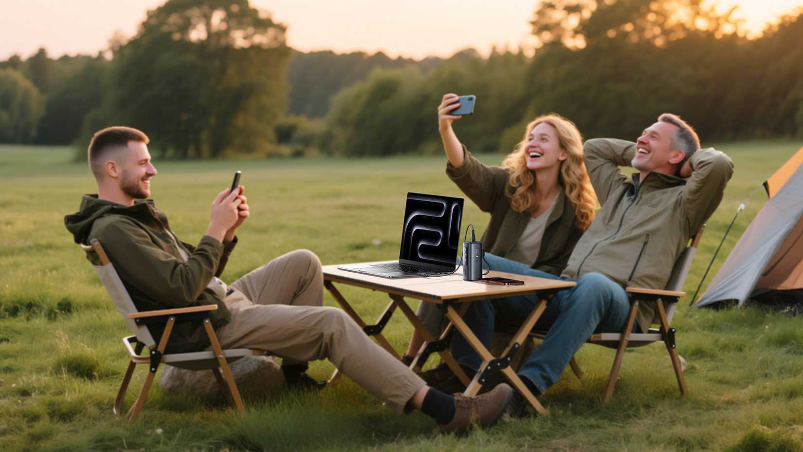 Three people sit in a field taking a selfie and looking at phones