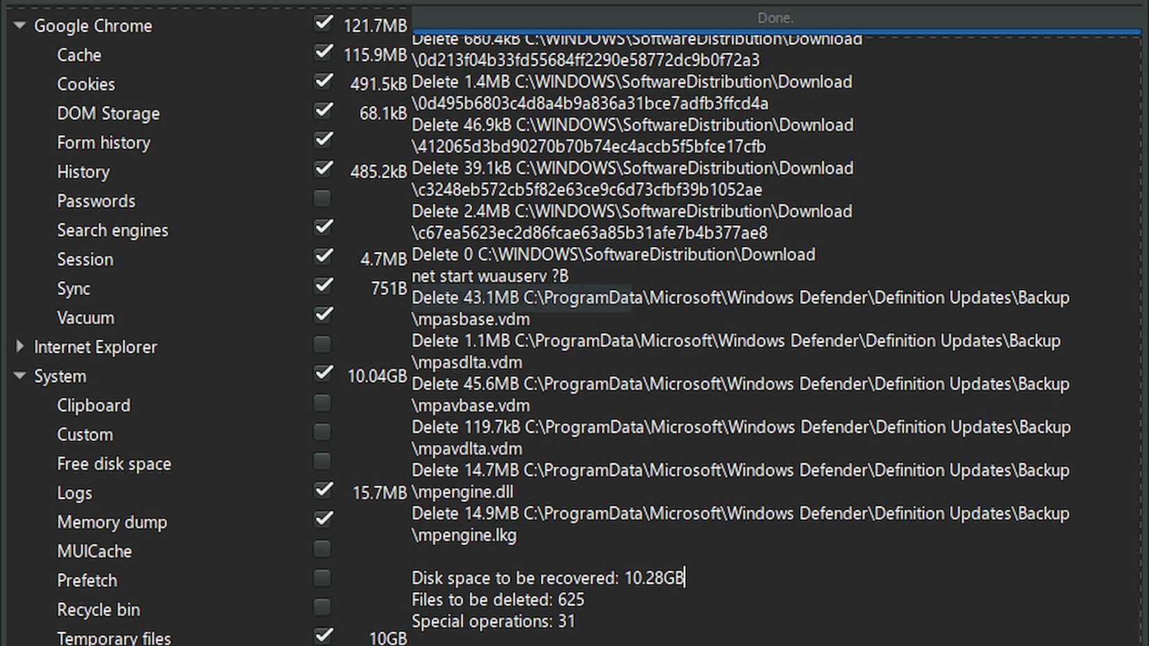 BleachBit limpando um PC com Windows 10.