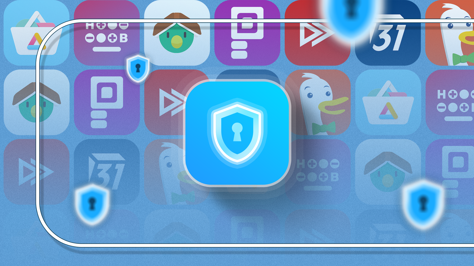 Blue shield icon with a keyhole in the center, symbolizing digital privacy, on a blurred background featuring app icons such as DuckDuckGo, Aurora Store, and NewPipe.(1)