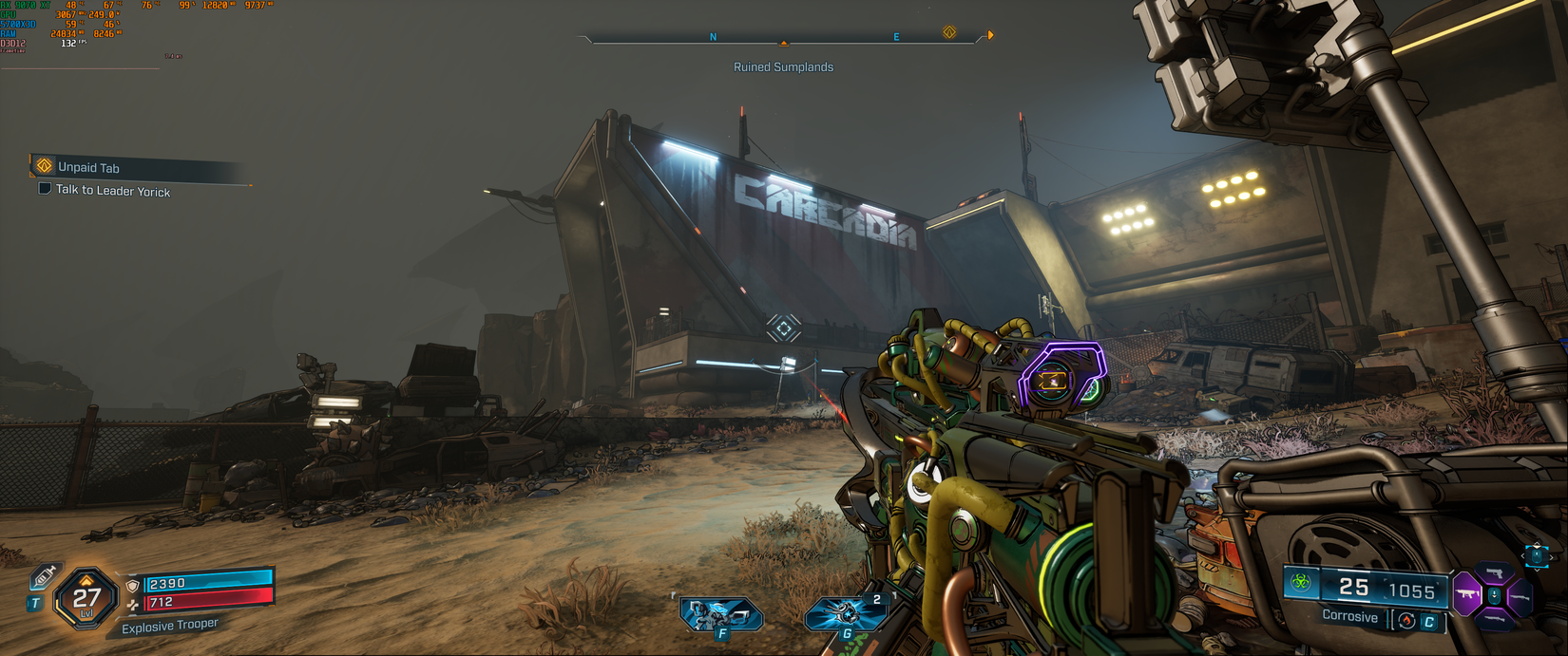 A Borderlands 4 screenshot showing performance stats with frame generation enabled. 