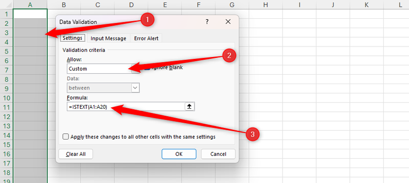 As células A1 a A20 em uma planilha do Excel são selecionadas e uma fórmula é inserida como uma regra de validação de dados personalizada para permitir apenas texto.
