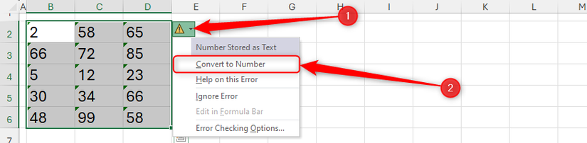 Cells in Excel containing numbers stored as text are selected, and Convert To Number is selected in the background error menu.