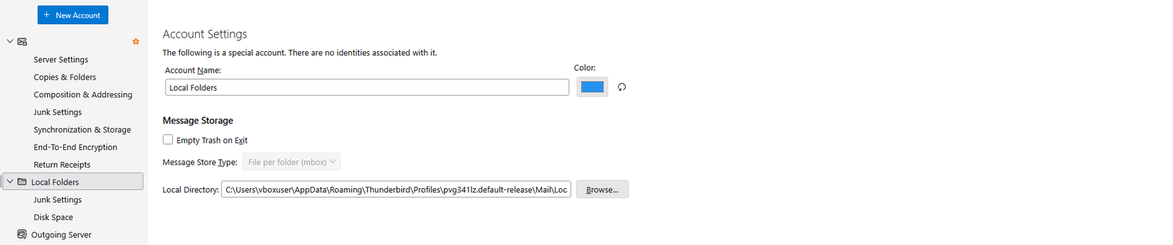 Alterando o caminho onde as pastas locais são armazenadas no Thunderbird.