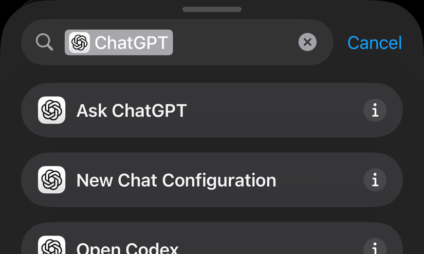 ChatGPT iPhone app options under Shortcuts app.