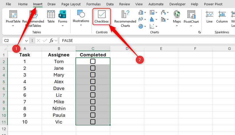 Checkboxes are inserted in a column named 'Completed' in a regular Excel range.