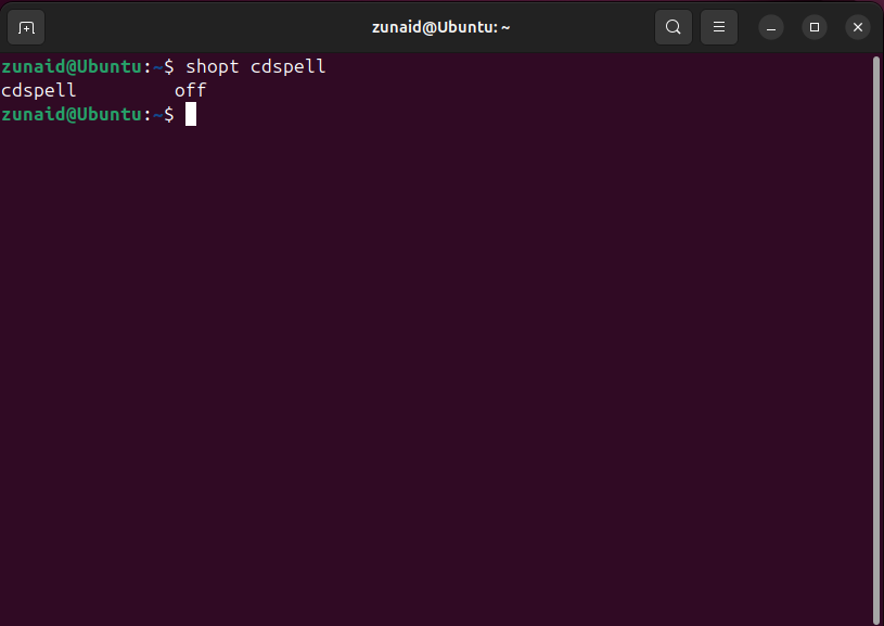 Verificando se o recurso cdspell está ativado usando o comando shopt.
