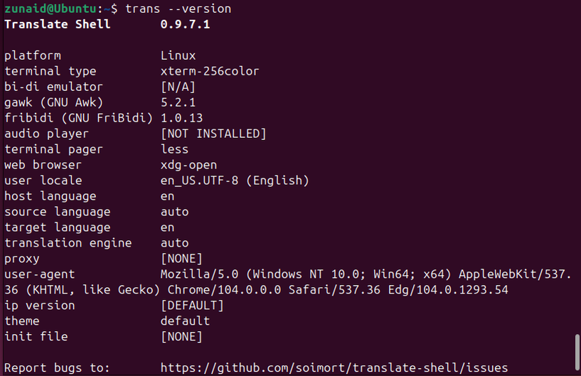 Verificando a versão do Translate Shell para confirmar sua instalação.