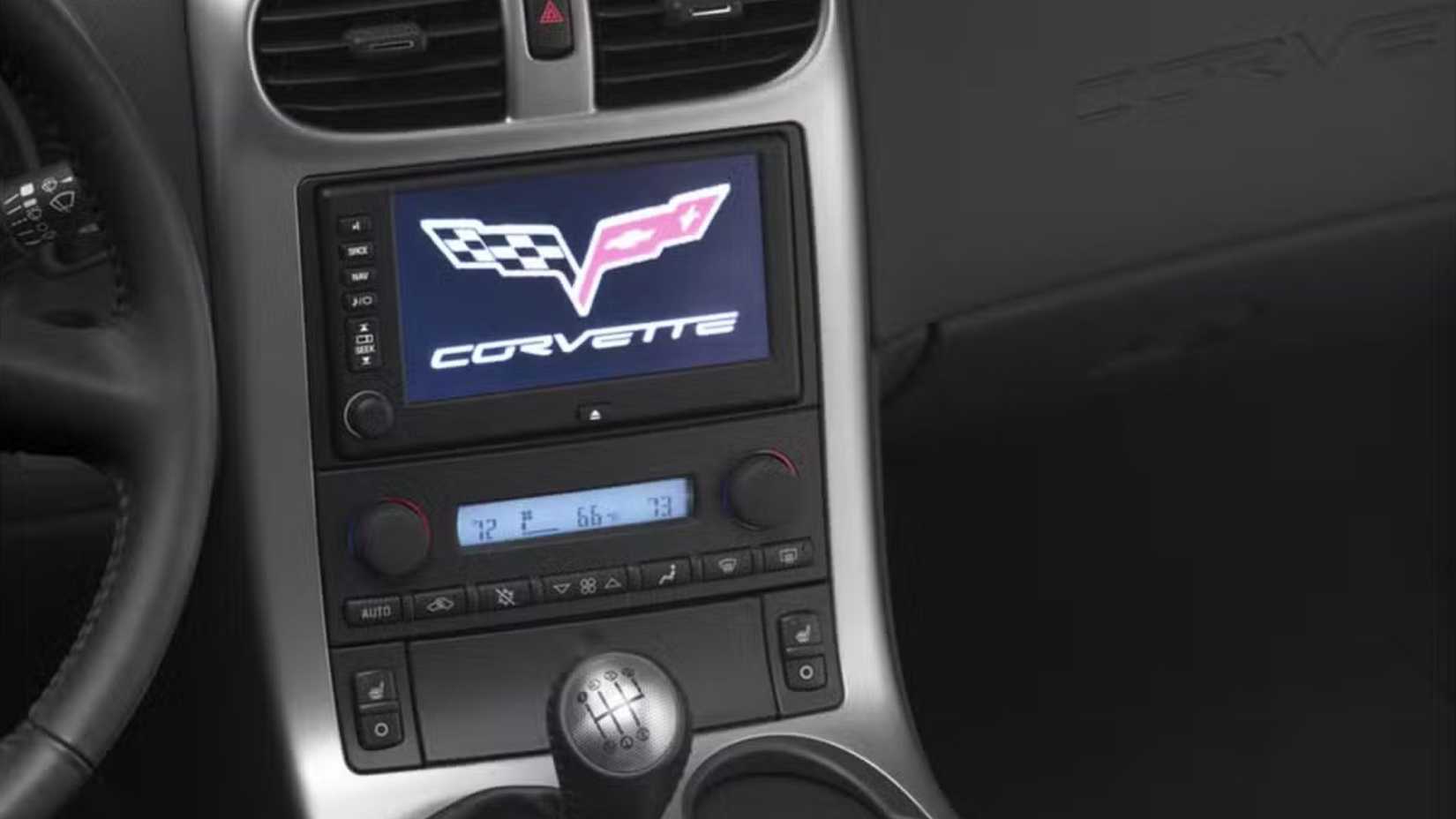 Close-up of the center stack on a Chevrolet C6 Corvette.
