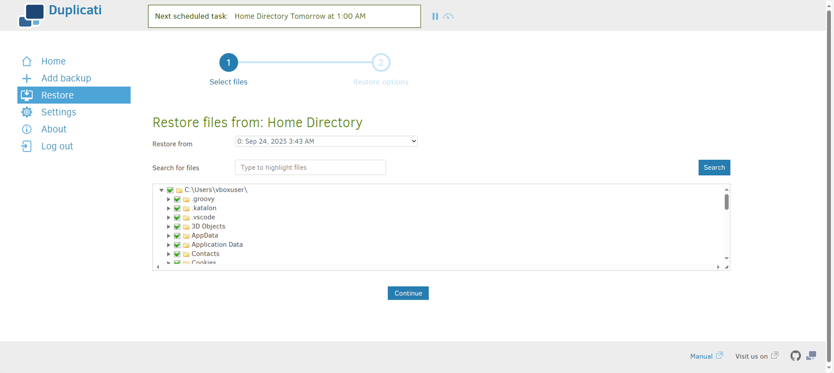 Elegir qué archivos restaurar en Duplicati.