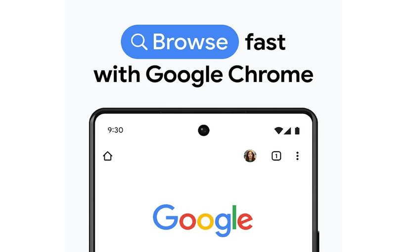 Um telefone celular mostra o navegador Google abaixo do texto "Navegue rapidamente com o Google Chrome."