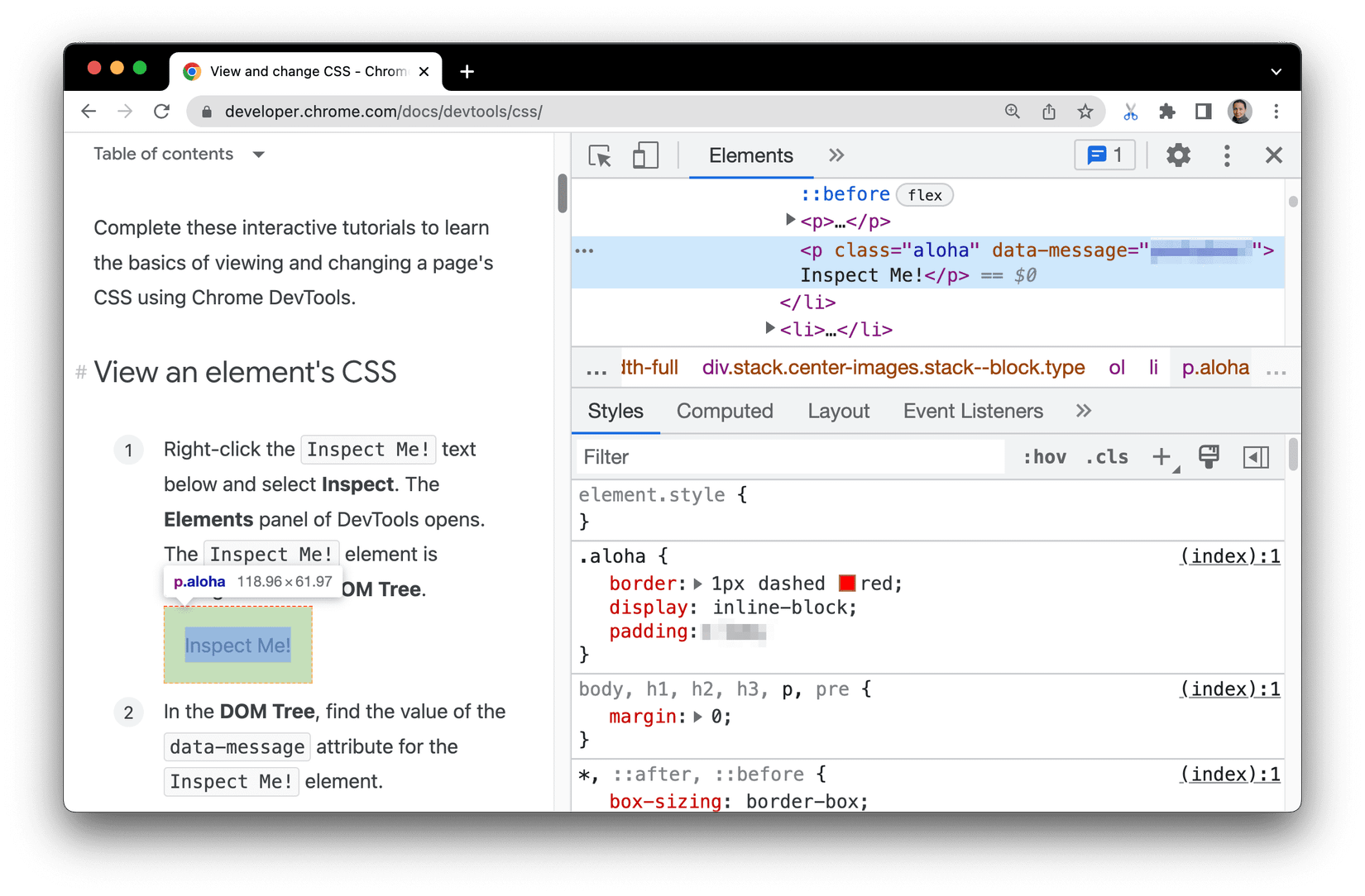 DevTools do Chrome mostrando um elemento de parágrafo selecionado e seu CSS.