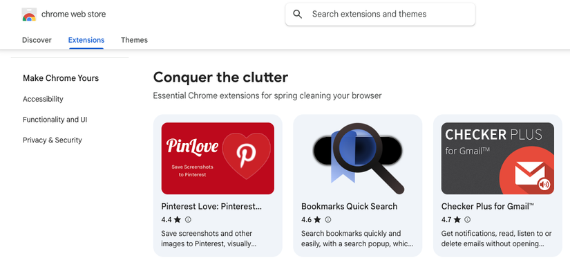 Chrome extensions on the web store include adds-ons for Pinterest and a Bookmarks Quick Search tool.