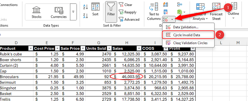 Circular dados inválidos é selecionado no Excel e uma célula com dados inválidos é circulada.