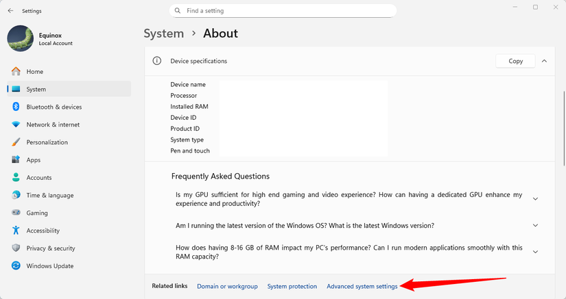 Клик по «Дополнительные параметры системы» в разделе О системе Windows.