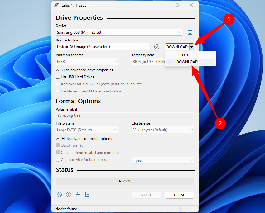 Click the small arrow, then click Download.