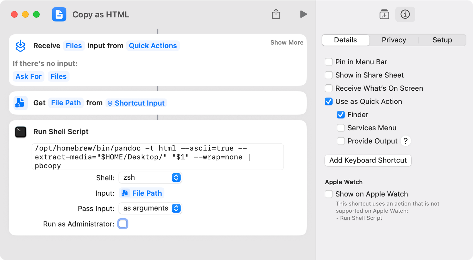 Скриншот Shortcuts на Mac с использованием Pandoc для конвертации файла