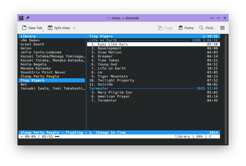 cmus app in a Linux terminal.