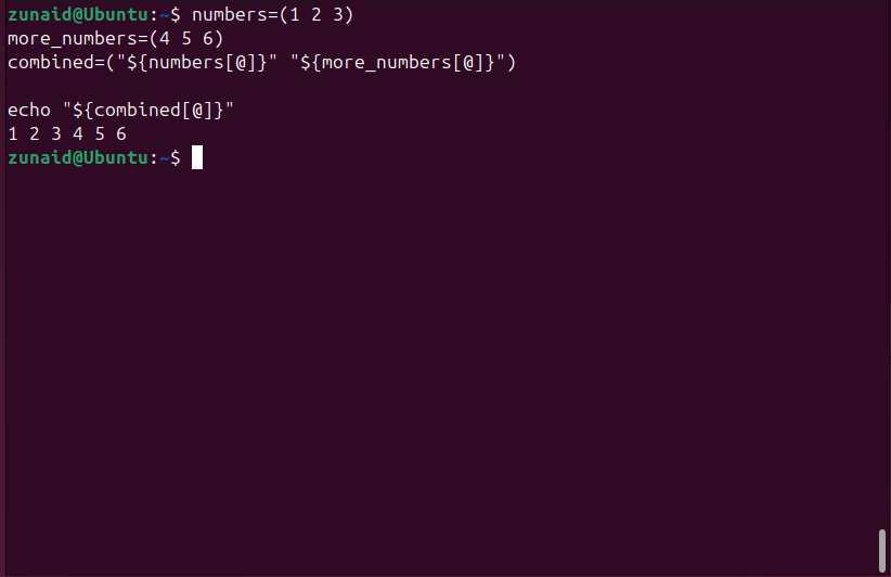 Combinando dois elementos de array em um array no Bash.