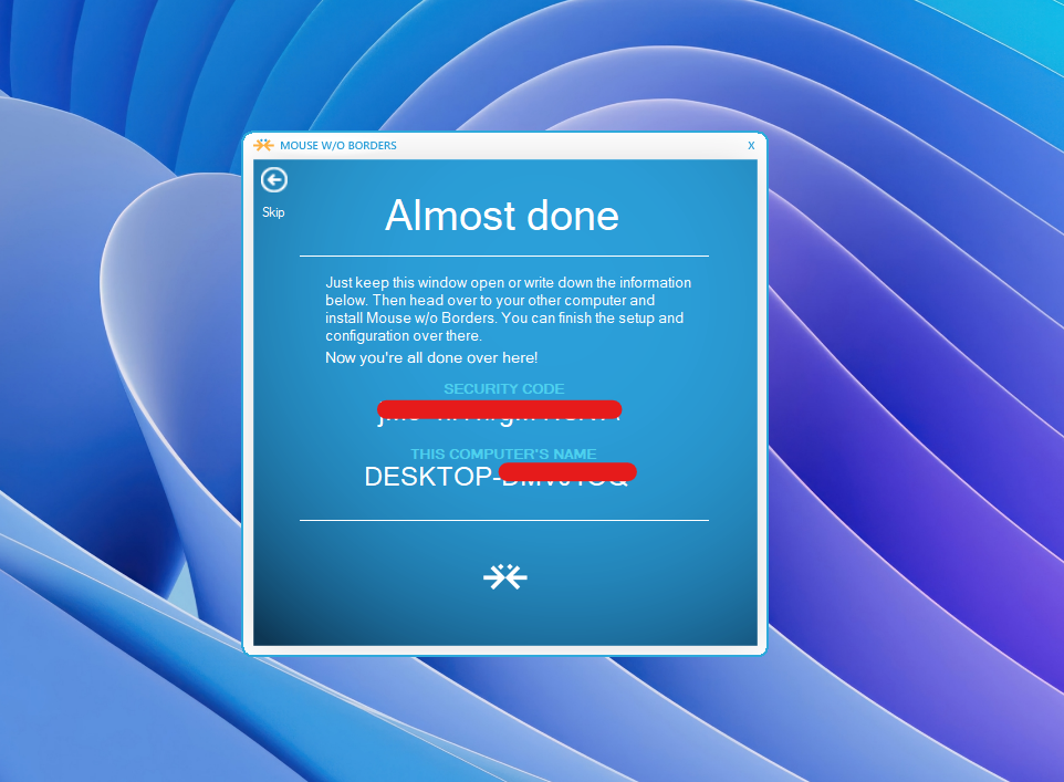 Security keys and computer names for linking two devices.
