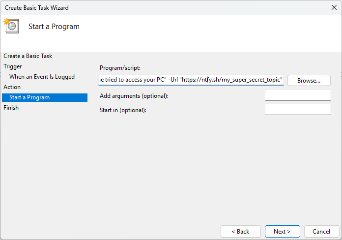 Configuring a PowerShell script in the Task Scheduler.