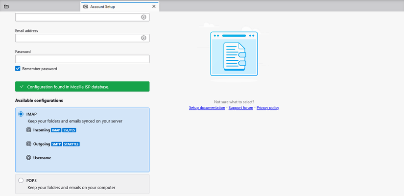 Configurando as configurações da conta IMAP no Thunderbird.