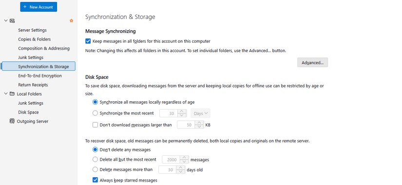 Configurando sincronização e armazenamento no Thunderbird.