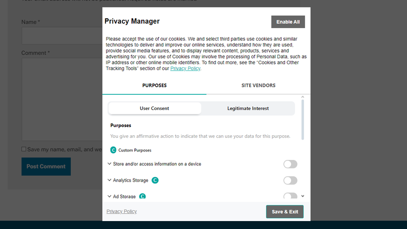 Opções de consentimento de cookies em um site.