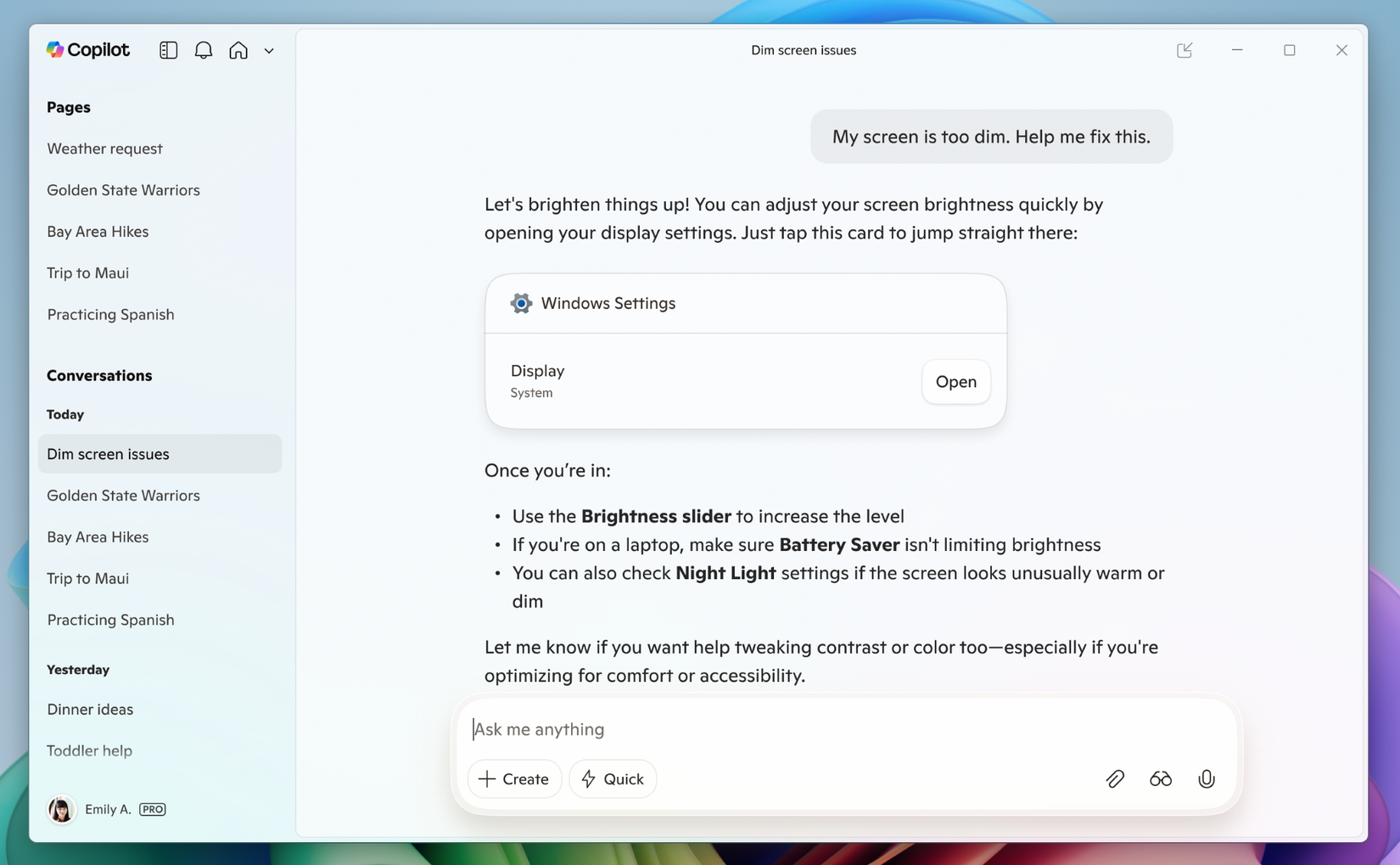 Copilot suggesting a system setting for making the screen brighter