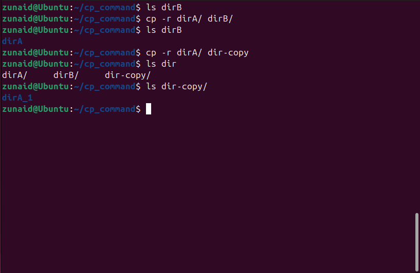 Copying a directory using the cp command in Linux using the -r flag.