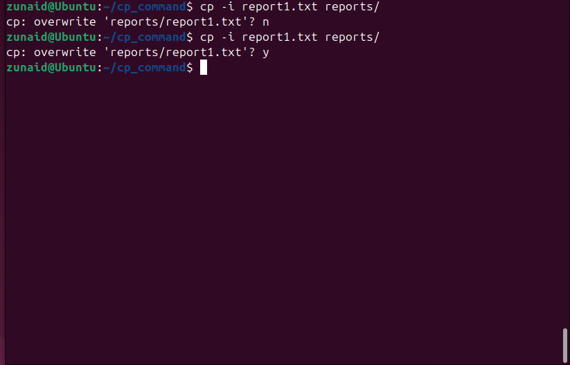 Copying a file using the cp command with the interactive flag to safeguard overwriting a file.