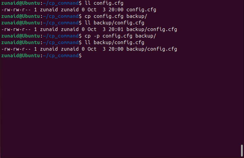 Copying a file with its attributes preserved using the cp command and the -p flag.