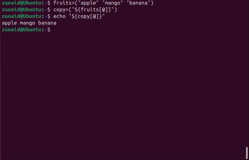 Copiando um array para um novo array no Bash.