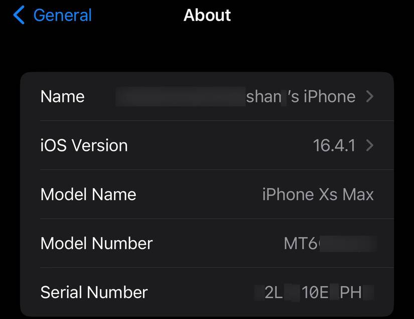 Copying serial number of an iPhone from settings.