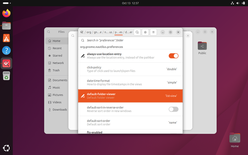 Editor Dconf mostrando a opção do nautilus para definir a visualização da janela padrão.