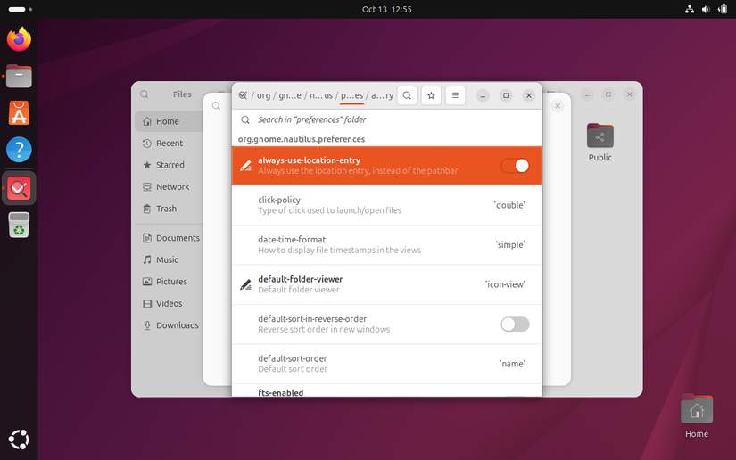 Editor Dconf mostrando a opção do Nautilus para usar a entrada de localização em vez da navegação estrutural.