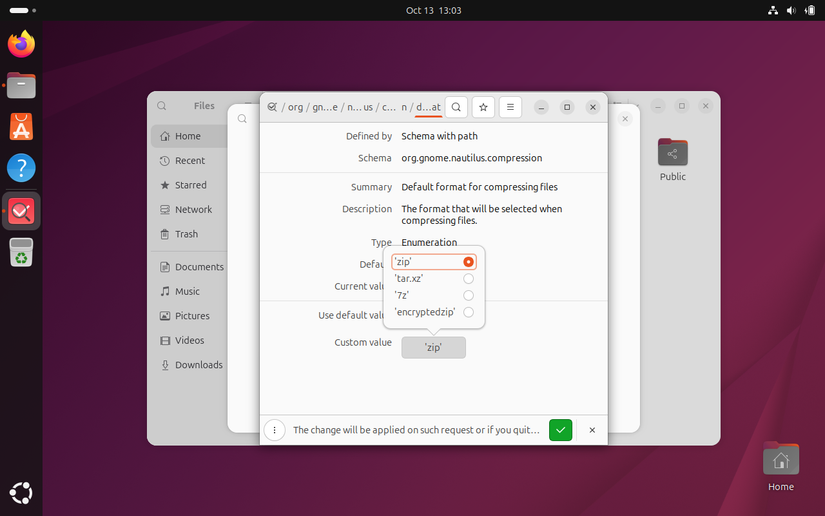 Editor Dconf mostrando opções do Nautilus para formato de compactação padrão.