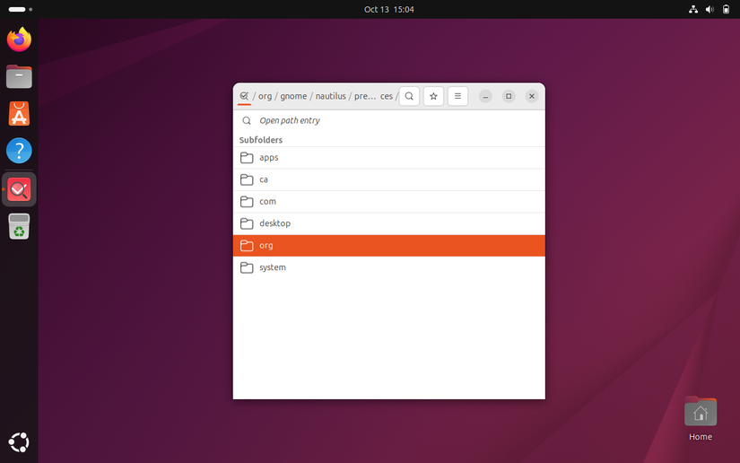 Editor Dconf mostrando a tela inicial na inicialização.