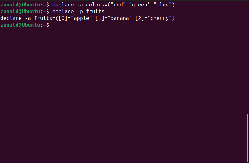 Declarar um array usando o declare embutido e verificar seu conteúdo.