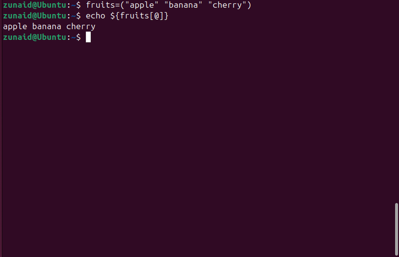 Declarando um array com elementos e imprimindo seu conteúdo usando o comando echo.