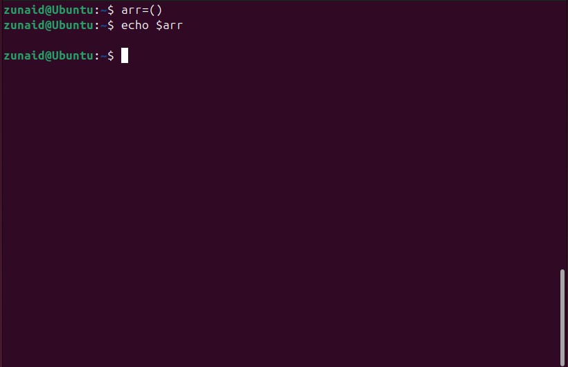 Declarar um array vazio e imprimir seu conteúdo usando o comando echo.