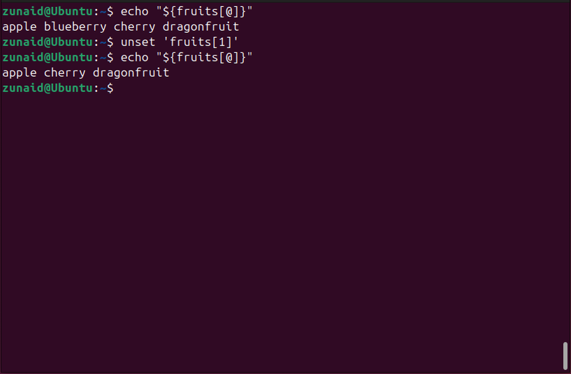 Excluindo um elemento de um array Bash usando o comando unset.