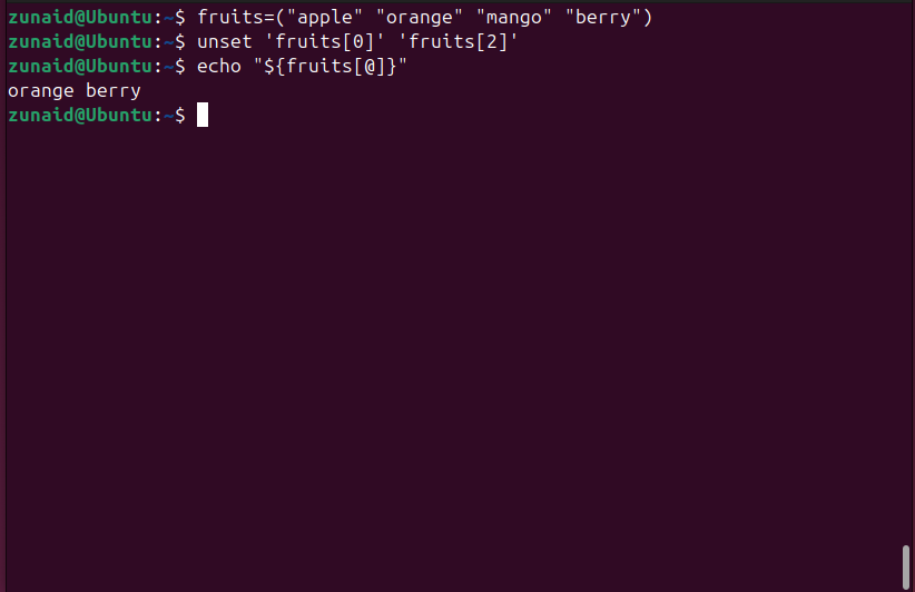 Excluindo vários elementos de um array Bash usando o comando unset.