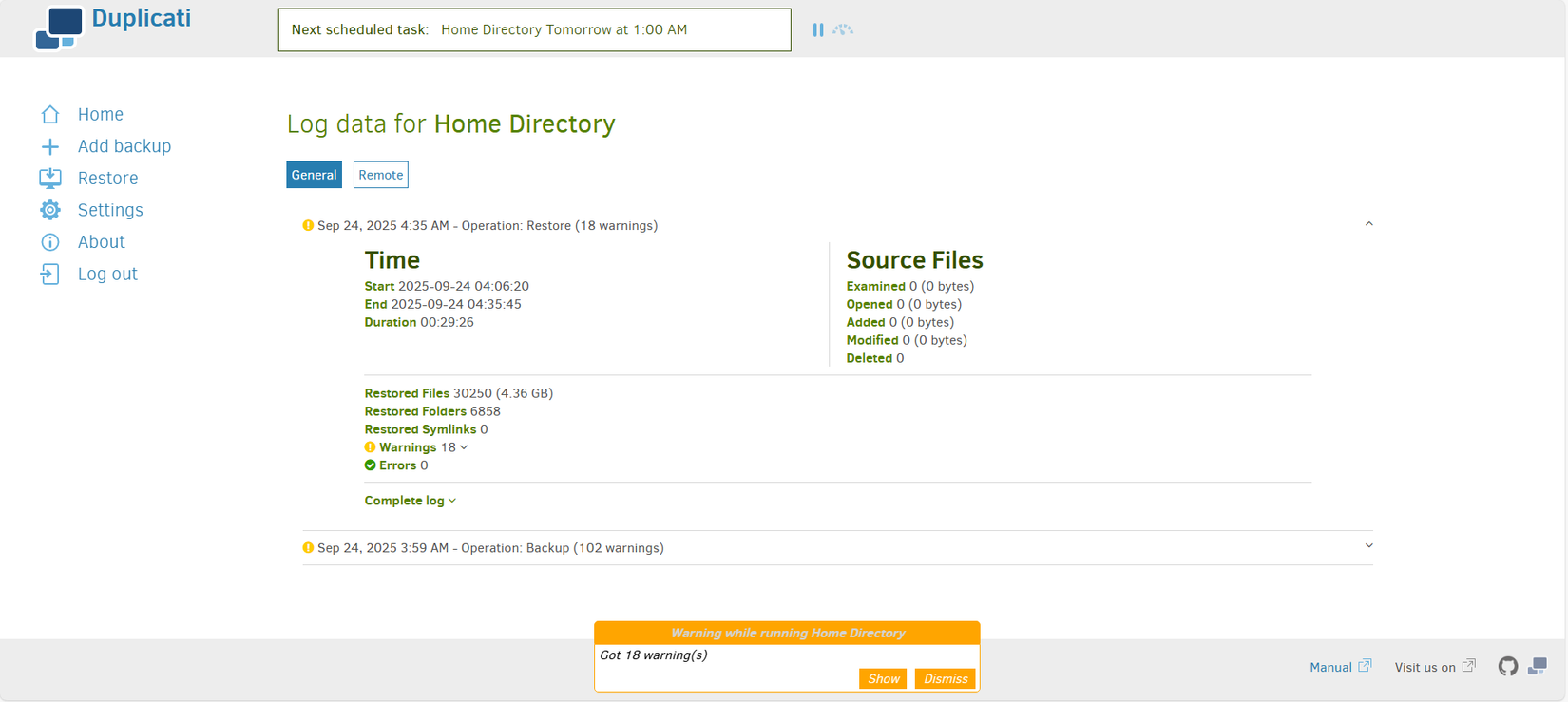 Información detallada de restauración en Duplicati.