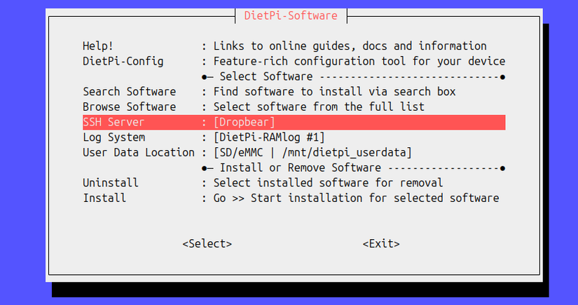 DietPi software menu with the SSH Server option highlighted.